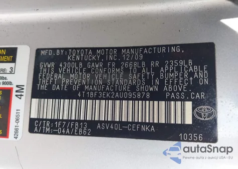 2010 Toyota Camry из США, поврежденный, VIN 4T1BF3EK2AU095878